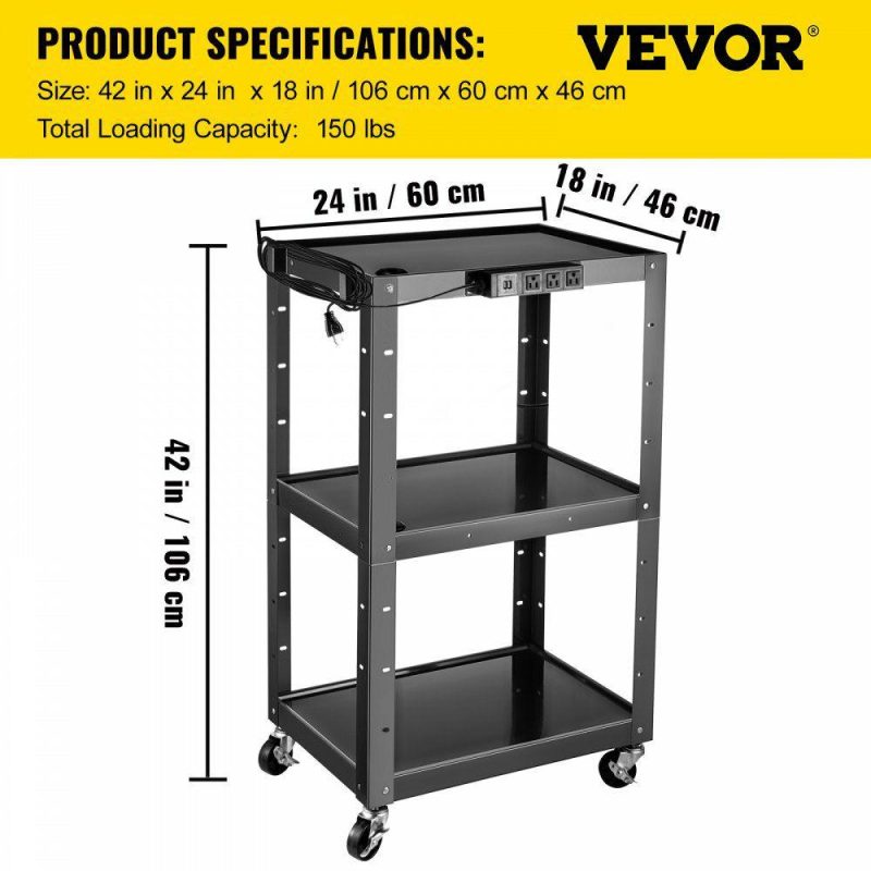 Office Furniture |  Steel AV Cart, 24-42″ Height Adjustable Media Cart with Electric Power Cord, 24 x 32″ Presentation Cart with 3 shelves, 150 LBS Rolling Projector Cart with and 2 Brakes Suitable for load-bearing Black Office Furniture Black