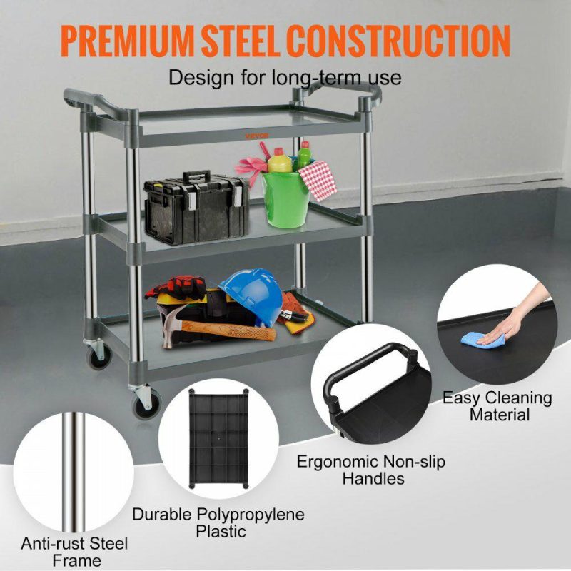 Office Furniture |  Utility Service Cart with Wheels 3-Tier Food Service Cart 220lbs Capacity Gray Office Furniture Gray