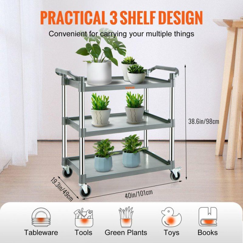 Office Furniture |  Utility Service Cart with Wheels 3-Tier Food Service Cart 220lbs Capacity Gray Office Furniture Gray