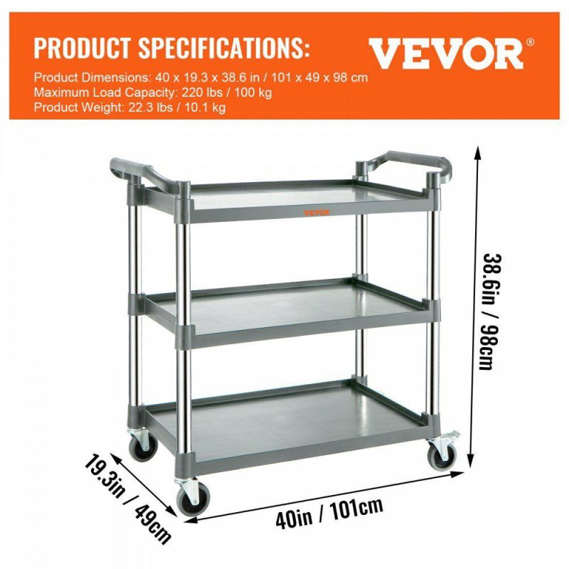 Office Furniture |  Utility Service Cart with Wheels 3-Tier Food Service Cart 220lbs Capacity Gray Office Furniture Gray