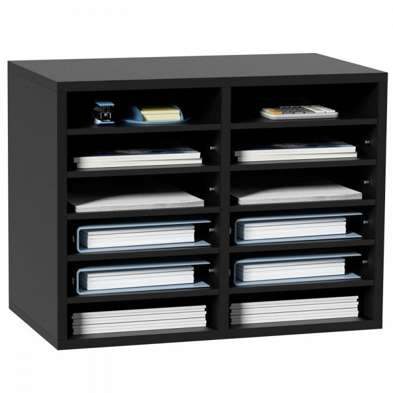 Office Furniture |  Wood Literature Organizer, 12 Compartments, File Sorter with Removable Shelves, Mailboxes Slot for Office Home Classroom Mailrooms Organization, EPA Certified, Black Black Office Furniture Black