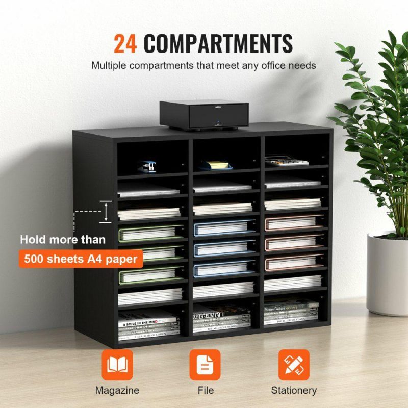 Office Furniture |  Wood Literature Organizer, 24 Compartments, File Sorter with Removable Shelves, Mailboxes Slot for Office Home Classroom Mailrooms Organization, EPA Certified, Black Black Office Furniture Black