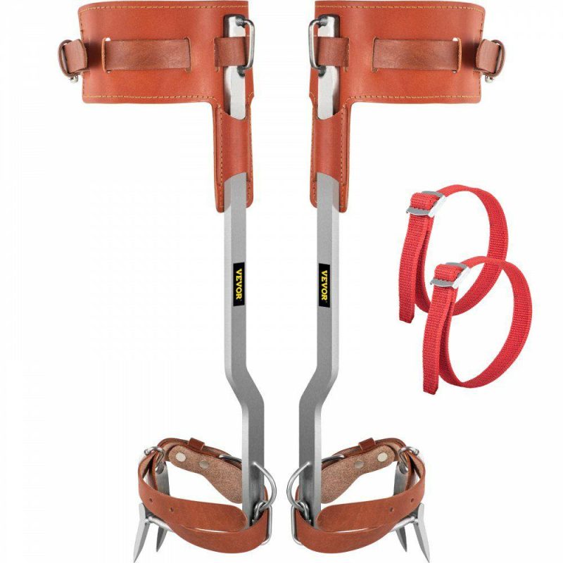 Outdoor Recreation |  Tree Climbing Spikes, 1 Pair Stainless Steel Pole Climbing Spurs, w/Adjustable Straps and Cow Leather Padding, Arborist Equipment for Climbers, Logging, Hunting Observation, Fruit Picking Brown Office Supplies Brown