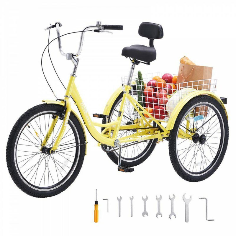 Outdoor Sports |  Adult Tricycles Bike, 20 Inch Three-Wheeled Bicycles, 3 Wheel Bikes Trikes, Carbon Steel Cruiser Bike with Basket & Adjustable Seat, Picnic Shopping Tricycles for Seniors, Women, Men (Yellow) Yellow Outdoor Sports Outdoor Sports