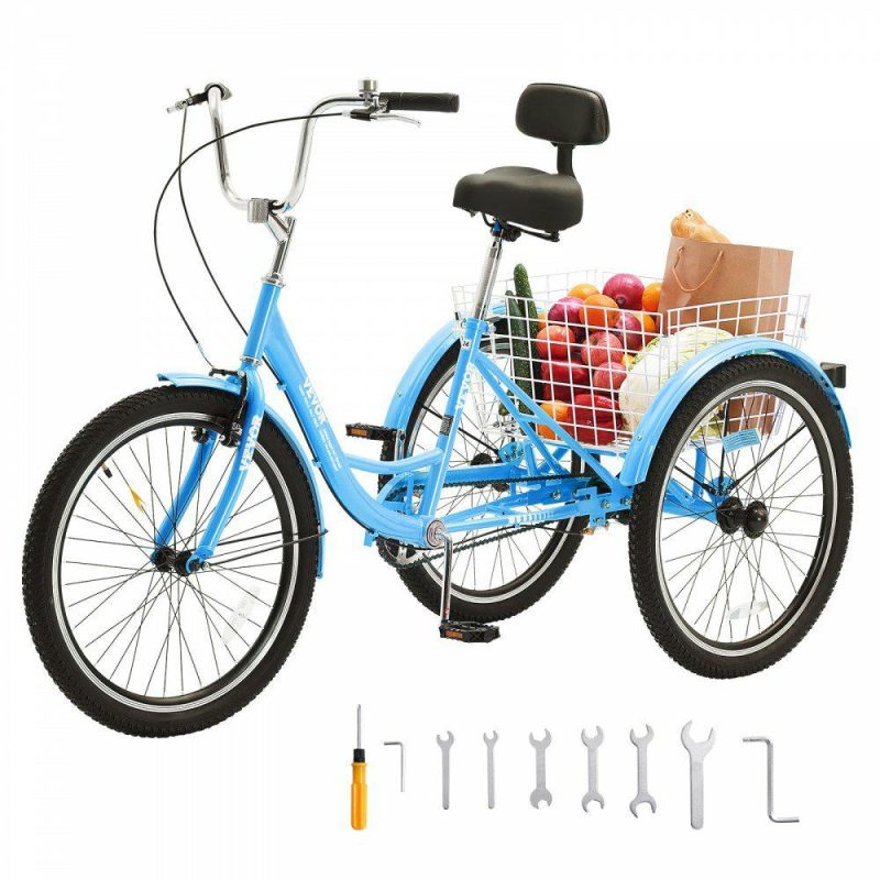 Outdoor Sports |  Adult Tricycles Bike, 24 Inch Three-Wheeled Bicycles, 3 Wheel Bikes Trikes, Carbon Steel Cruiser Bike with Basket & Adjustable Seat, Picnic Shopping Tricycles for Seniors, Women, Men (Blue) Blue Outdoor Sports Blue