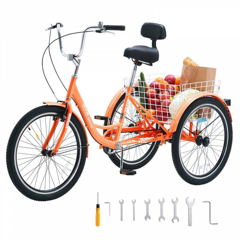 Outdoor Sports |  Adult Tricycles Bike, 26 Inch Three-Wheeled Bicycles, 3 Wheel Bikes Trikes, Carbon Steel Cruiser Bike with Basket & Adjustable Seat, Picnic Shopping Tricycles for Seniors, Women, Men (Orange) Orange Outdoor Sports Orange