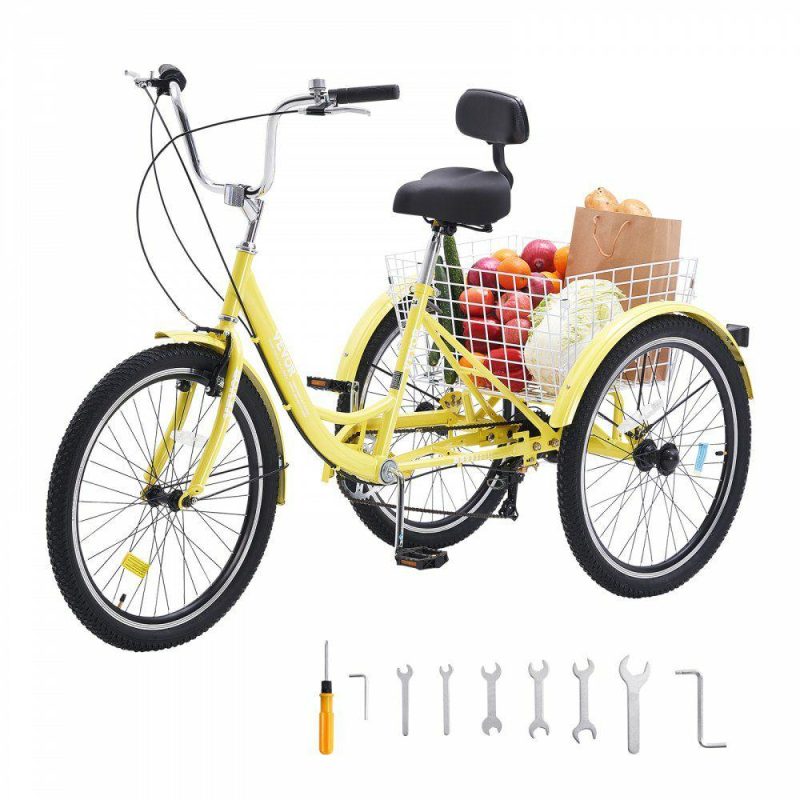 Outdoor Sports |  Adult Tricycles Bike, 7 Speed Adult Trikes, 24 Inch Three-Wheeled Bicycles, Carbon Steel Cruiser Bike with Basket and Adjustable Seat, Picnic Shopping Tricycles for Seniors, Women, Men  (Yellow) Yellow Outdoor Sports Outdoor Sports