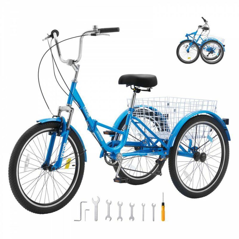 Outdoor Sports |  Folding Adult Tricycle, 24-Inch 7-Speed Adult Folding Trikes, Carbon Steel 3 Wheel Cruiser Bike with Basket & Adjustable Seat, Shopping Picnic Foldable Tricycles for Women, Men, Seniors (Blue) Blue Outdoor Sports Blue