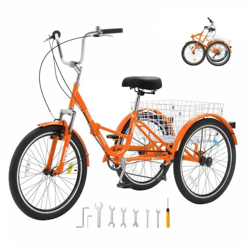 Outdoor Sports |  Folding Adult Tricycle, 24-Inch 7-Speed Adult Folding Trikes, Carbon Steel 3 Wheel Cruiser Bike with Basket & Adjustable Seat, Shopping Picnic Foldable Tricycles for Women, Men, Seniors (Orange) Orange Outdoor Sports Orange