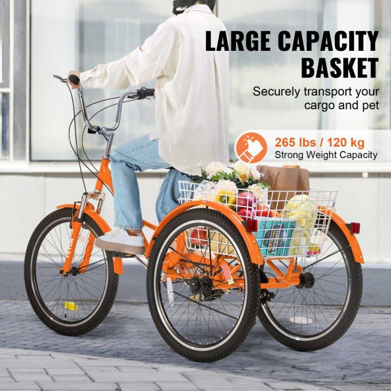 Outdoor Sports |  Folding Adult Tricycle, 24-Inch 7-Speed Adult Folding Trikes, Carbon Steel 3 Wheel Cruiser Bike with Basket & Adjustable Seat, Shopping Picnic Foldable Tricycles for Women, Men, Seniors (Orange) Orange Outdoor Sports Orange