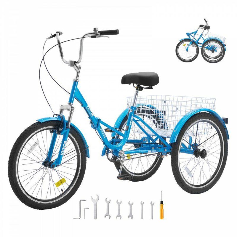 Outdoor Sports |  Folding Adult Tricycle, 24-Inch Adult Folding Trikes, Carbon Steel 3 Wheel Cruiser Bike with Large Basket & Adjustable Seat, Shopping Picnic Foldable Tricycles for Women, Men, Seniors (Blue) Blue Outdoor Sports Blue