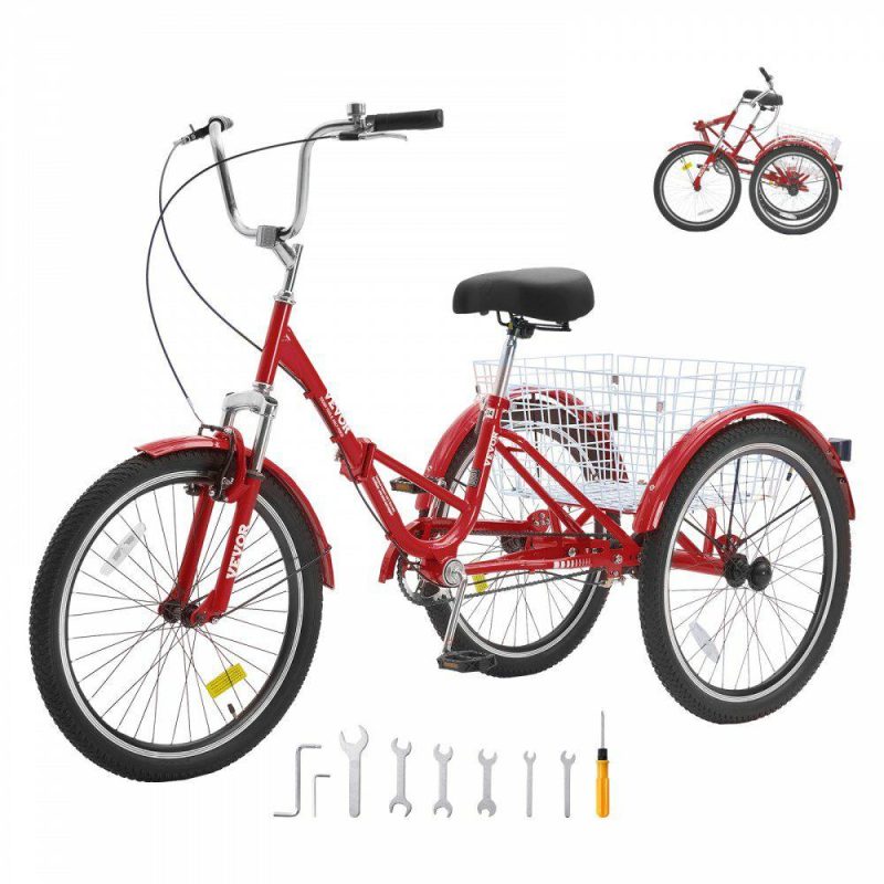 Outdoor Sports |  Folding Adult Tricycle, 24-Inch Adult Folding Trikes, Carbon Steel 3 Wheel Cruiser Bike with Large Basket & Adjustable Seat, Shopping Picnic Foldable Tricycles for Women, Men, Seniors (Red) Red Outdoor Sports Outdoor Sports