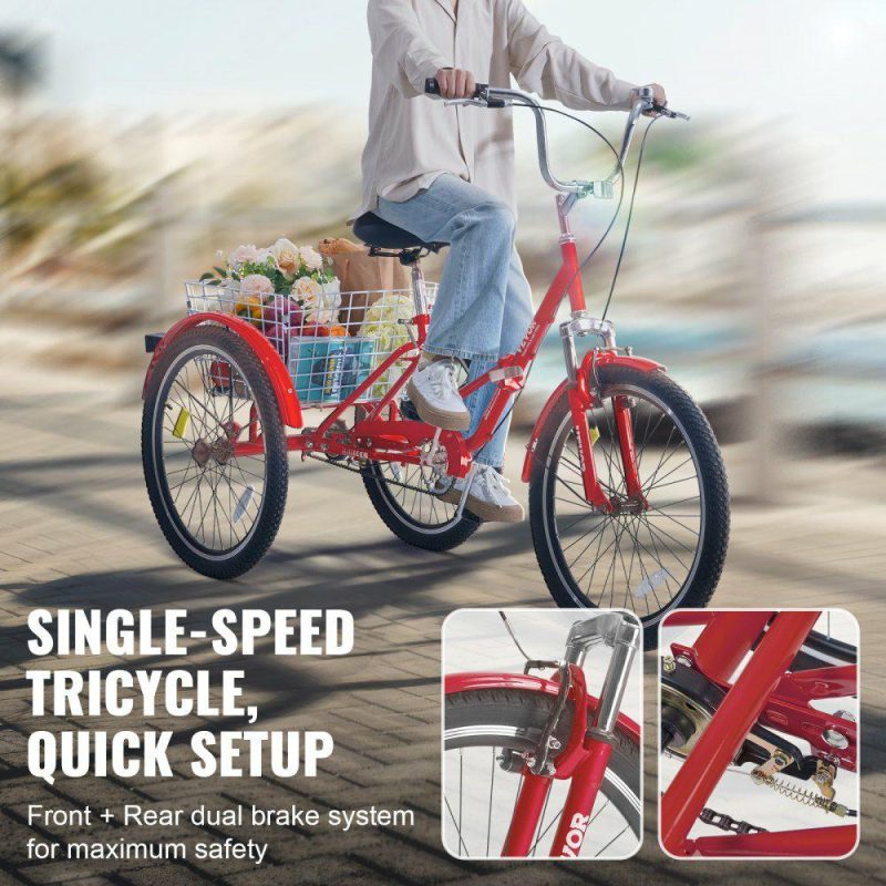 Outdoor Sports |  Folding Adult Tricycle, 24-Inch Adult Folding Trikes, Carbon Steel 3 Wheel Cruiser Bike with Large Basket & Adjustable Seat, Shopping Picnic Foldable Tricycles for Women, Men, Seniors (Red) Red Outdoor Sports Outdoor Sports