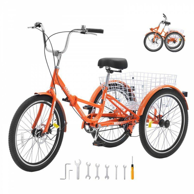 Outdoor Sports |  Folding Adult Tricycle, 24-Inch Adult Folding Trikes, Lightweight Aluminum Alloy 3 Wheel Cruiser Bike with Large Rear Basket, Shopping Picnic Foldable Tricycles for Adults, Women, Men, Seniors Orange Outdoor Sports Orange