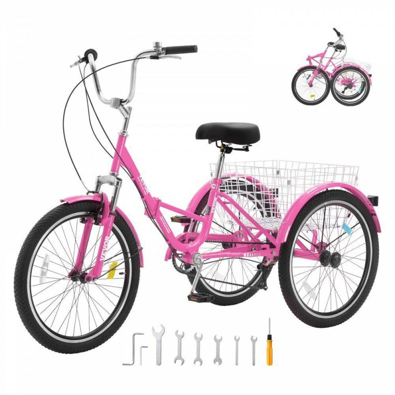 Outdoor Sports |  Folding Adult Tricycle, 26-Inch 7-Speed Adult Folding Trikes, Carbon Steel 3 Wheel Cruiser Bike with Basket & Adjustable Seat, Shopping Picnic Foldable Tricycles for Women, Men, Seniors (Pink) Pink Outdoor Sports Outdoor Sports