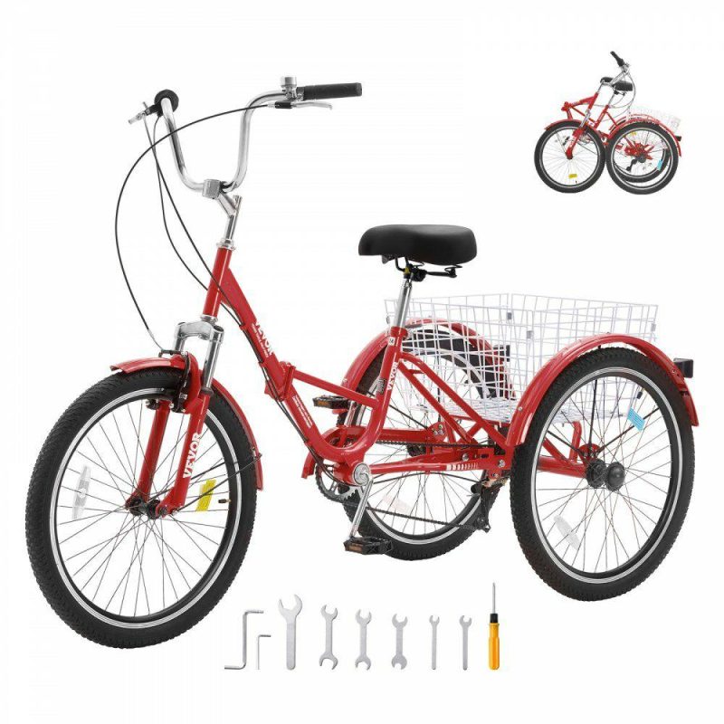 Outdoor Sports |  Folding Adult Tricycle, 26-Inch 7-Speed Adult Folding Trikes, Carbon Steel 3 Wheel Cruiser Bike with Basket & Adjustable Seat, Shopping Picnic Foldable Tricycles for Women, Men, Seniors (Red) Red Outdoor Sports Outdoor Sports