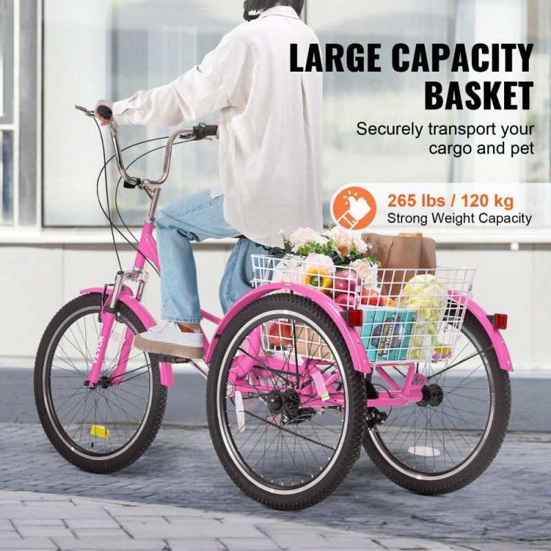 Outdoor Sports |  Folding Adult Tricycle, 26-Inch 7-Speed Adult Folding Trikes, Carbon Steel 3 Wheel Cruiser Bike with Basket & Adjustable Seat, Shopping Picnic Foldable Tricycles for Women, Men, Seniors (Pink) Pink Outdoor Sports Outdoor Sports