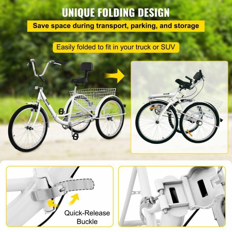 Outdoor Sports |  Tricycle Adult 24’’ Wheels Adult Tricycle 1-Speed 3 Wheel Bikes White For Adults Three Wheel Bike For Adults Adult Trike Adult Folding Tricycle Foldable Adult Tricycle 3 Wheel Bike For Adults White Outdoor Sports Outdoor Sports