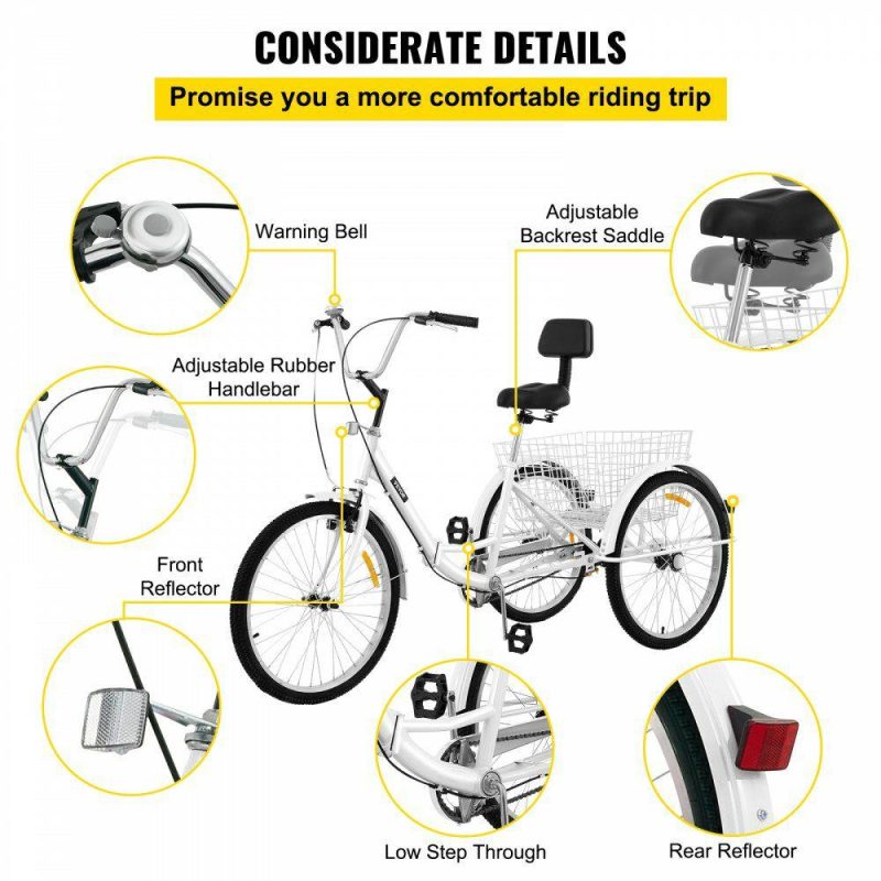 Outdoor Sports |  Tricycle Adult 24’’ Wheels Adult Tricycle 1-Speed 3 Wheel Bikes White For Adults Three Wheel Bike For Adults Adult Trike Adult Folding Tricycle Foldable Adult Tricycle 3 Wheel Bike For Adults White Outdoor Sports Outdoor Sports