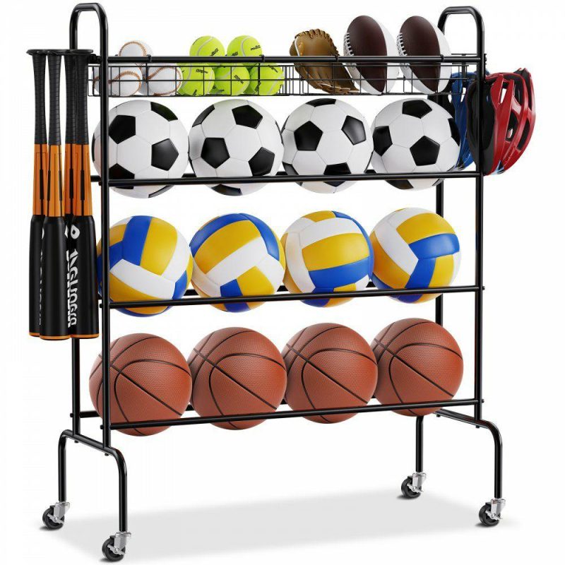 Recreation Accessories |  Basketball Rack, 4-Layers Rolling Basketball Shooting Training Stand, Sports Equipment Storage Organizer with Wheels, Hooks and Baskets, Garage Ball Storage Holder for Football Soccer Volleyball Sports & Recreation Recreation Accessories