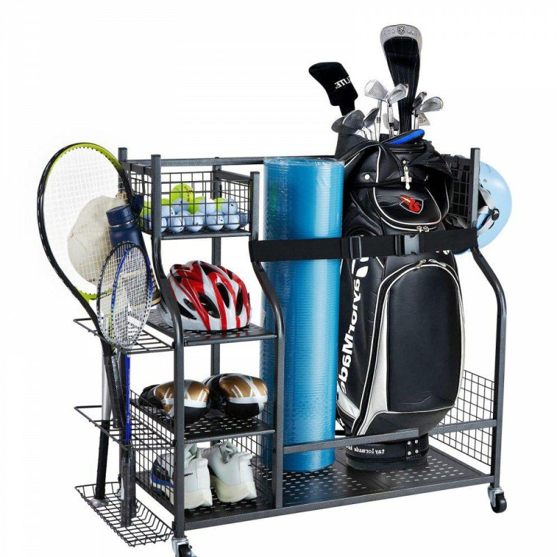 Recreation Accessories |  Golf Storage Garage Organizer, 2 Golf Bag Stand Holder and Other Sports Equipment Storage Rack, Rolling Ball Cart on Wheels, Outdoor Sport Gear and Toy Storage with Baskets & Hooks, Steel, Black Recreation Accessories Recreation Accessories