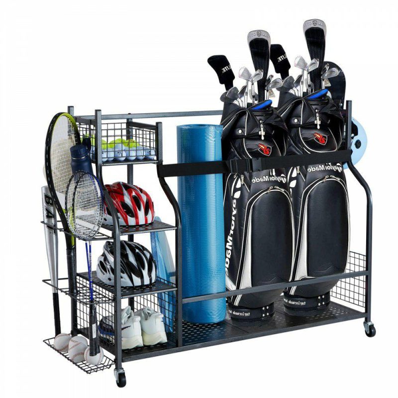 Recreation Accessories |  Golf Storage Garage Organizer, 3 Golf Bag Stand Holder and Other Sports Equipment Storage Rack, Rolling Ball Cart on Wheels, Outdoor Sport Gear and Toy Storage with Baskets & Hooks, Steel, Black Recreation Accessories Recreation Accessories