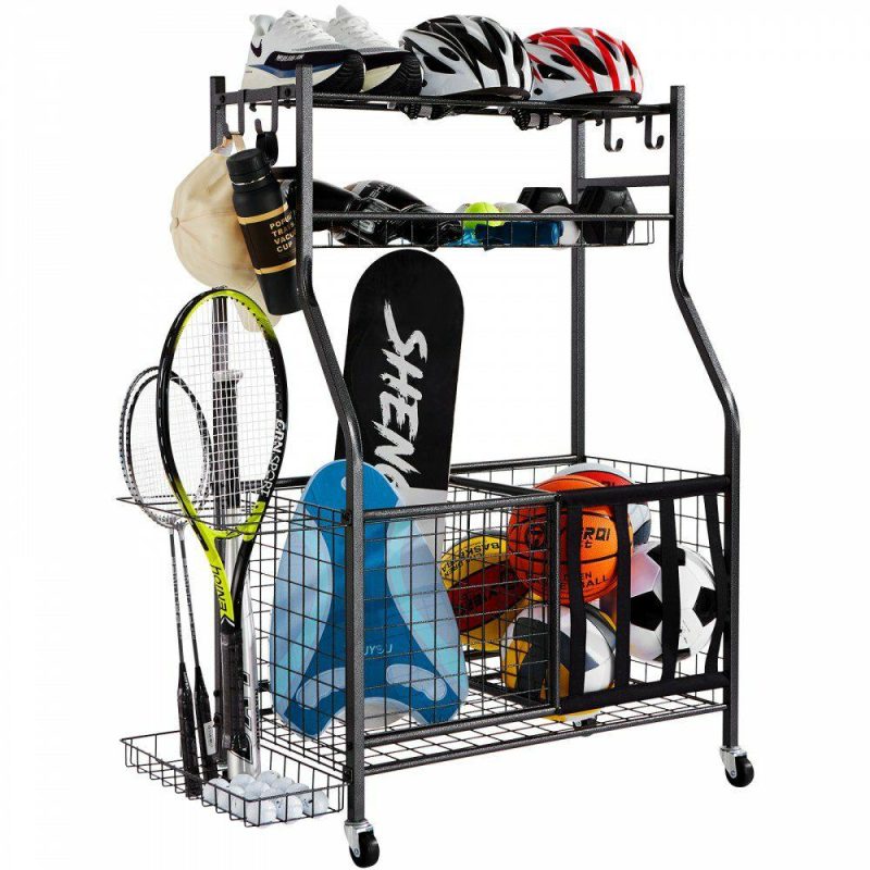 Recreation Accessories |  Sports Equipment Garage Organizer, Rolling Ball Storage Cart on Wheels, Basketball Rack with Baskets & Hooks, Indoor/Outdoor Sports Gear and Toys Storage, Steel Sports Equipment Organizer, Black Recreation Accessories Recreation Accessories