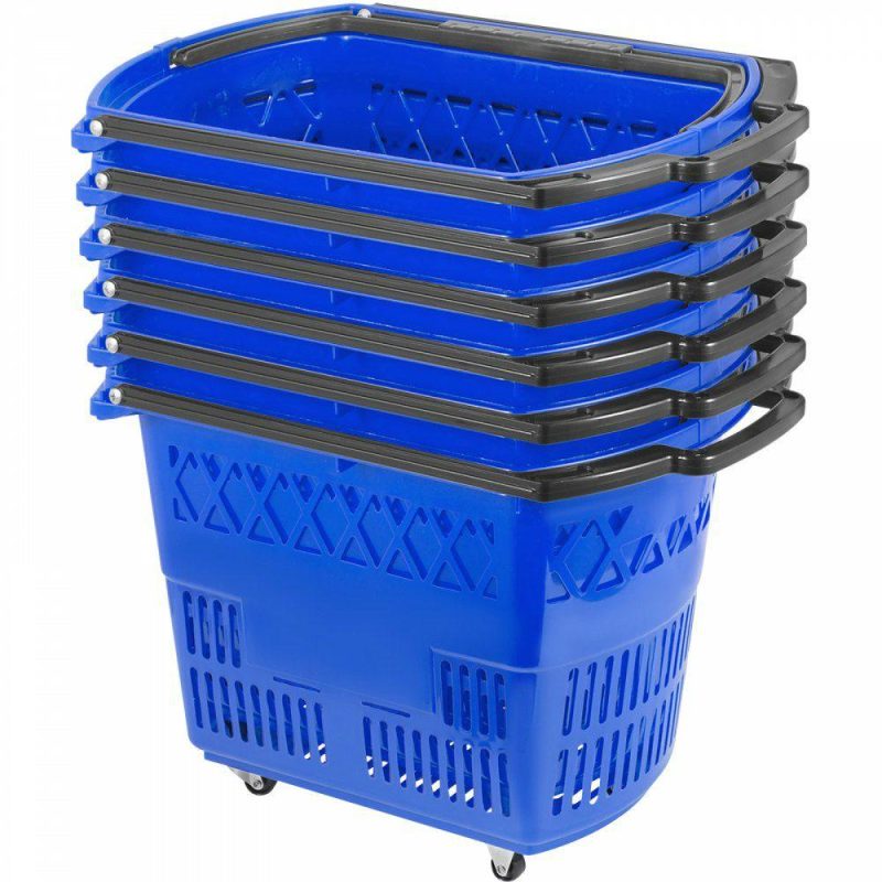 Retail Supplies |  6PCS Shopping Carts, Blue Shopping Baskets with Handles, Plastic Rolling Shopping Basket with Wheels, Portable Shopping Basket Set for Retail Store Blue Office Supplies Blue