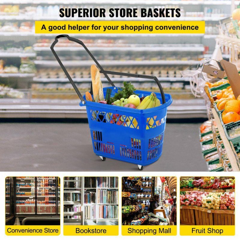 Retail Supplies |  6PCS Shopping Carts, Blue Shopping Baskets with Handles, Plastic Rolling Shopping Basket with Wheels, Portable Shopping Basket Set for Retail Store Blue Office Supplies Blue