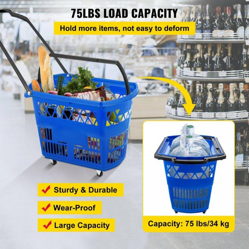 Retail Supplies |  6PCS Shopping Carts, Blue Shopping Baskets with Handles, Plastic Rolling Shopping Basket with Wheels, Portable Shopping Basket Set for Retail Store Blue Office Supplies Blue