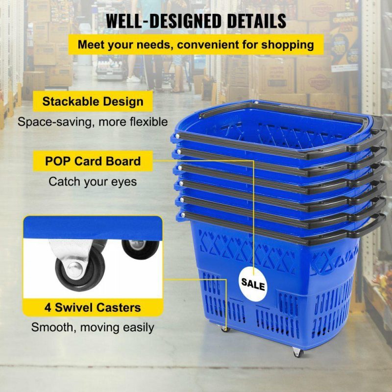 Retail Supplies |  6PCS Shopping Carts, Blue Shopping Baskets with Handles, Plastic Rolling Shopping Basket with Wheels, Portable Shopping Basket Set for Retail Store Blue Office Supplies Blue