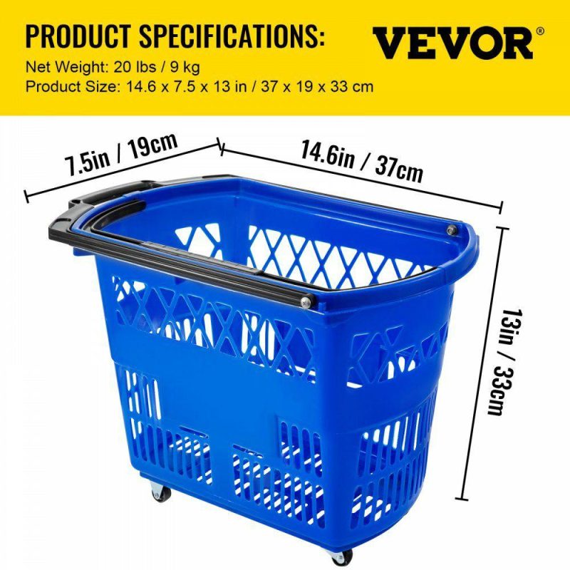 Retail Supplies |  6PCS Shopping Carts, Blue Shopping Baskets with Handles, Plastic Rolling Shopping Basket with Wheels, Portable Shopping Basket Set for Retail Store Blue Office Supplies Blue