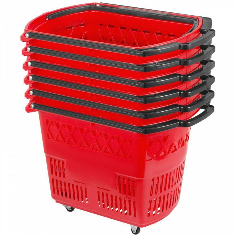 Retail Supplies |  6PCS Shopping Carts, Plastic Rolling Shopping Basket with Wheels, Red Shopping Baskets with Handles, Portable Shopping Basket Set for Retail Store Red Office Supplies Red