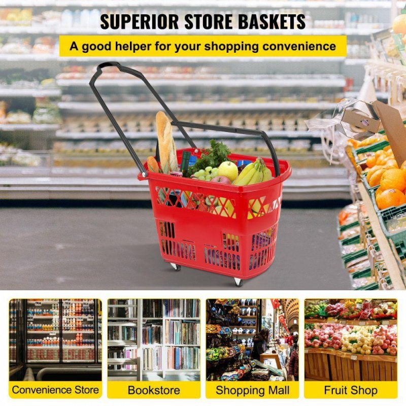 Retail Supplies |  6PCS Shopping Carts, Plastic Rolling Shopping Basket with Wheels, Red Shopping Baskets with Handles, Portable Shopping Basket Set for Retail Store Red Office Supplies Red