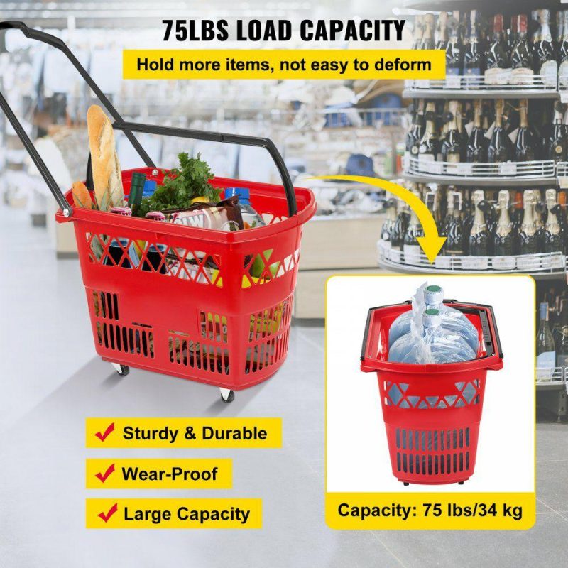 Retail Supplies |  6PCS Shopping Carts, Plastic Rolling Shopping Basket with Wheels, Red Shopping Baskets with Handles, Portable Shopping Basket Set for Retail Store Red Office Supplies Red