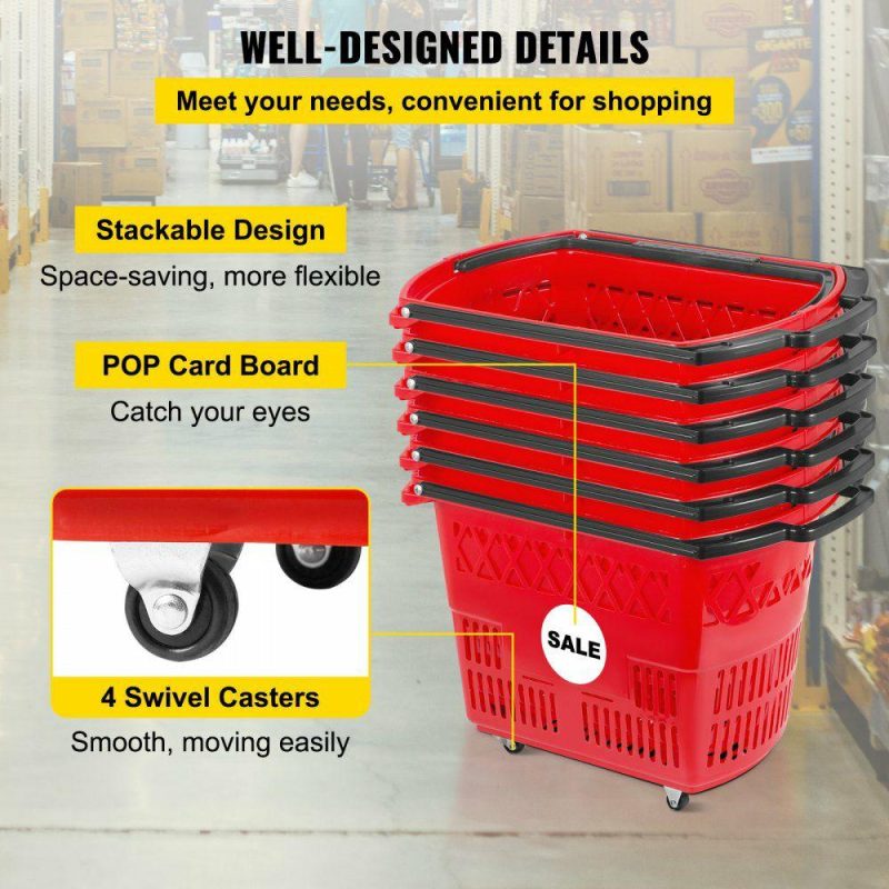 Retail Supplies |  6PCS Shopping Carts, Plastic Rolling Shopping Basket with Wheels, Red Shopping Baskets with Handles, Portable Shopping Basket Set for Retail Store Red Office Supplies Red