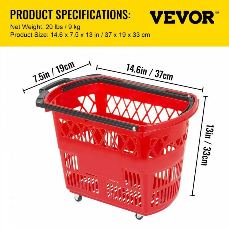 Retail Supplies |  6PCS Shopping Carts, Plastic Rolling Shopping Basket with Wheels, Red Shopping Baskets with Handles, Portable Shopping Basket Set for Retail Store Red Office Supplies Red