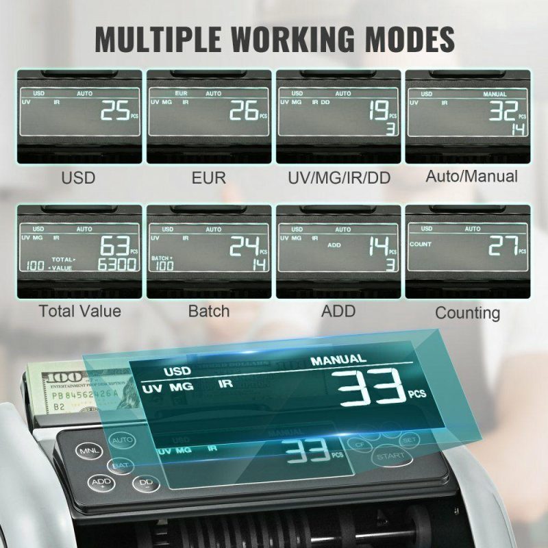 Retail Supplies |  Money Counter Machine, Bill Counter with UV, MG, IR and DD Counterfeit Detection, USD & EUR Cash Counting Machine with Large LCD & External Display for Small Business Office Supplies Retail Supplies