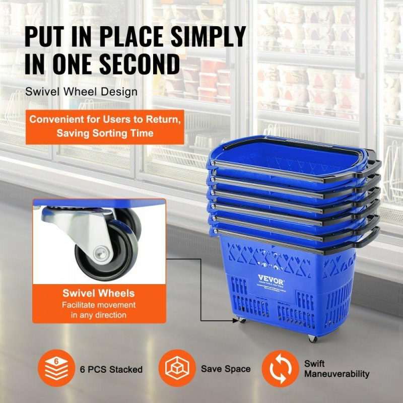 Retail Supplies |  Plastic Rolling Shopping Trolley Basket On Wheels 6PCS 39L with Handle Office Supplies Retail Supplies