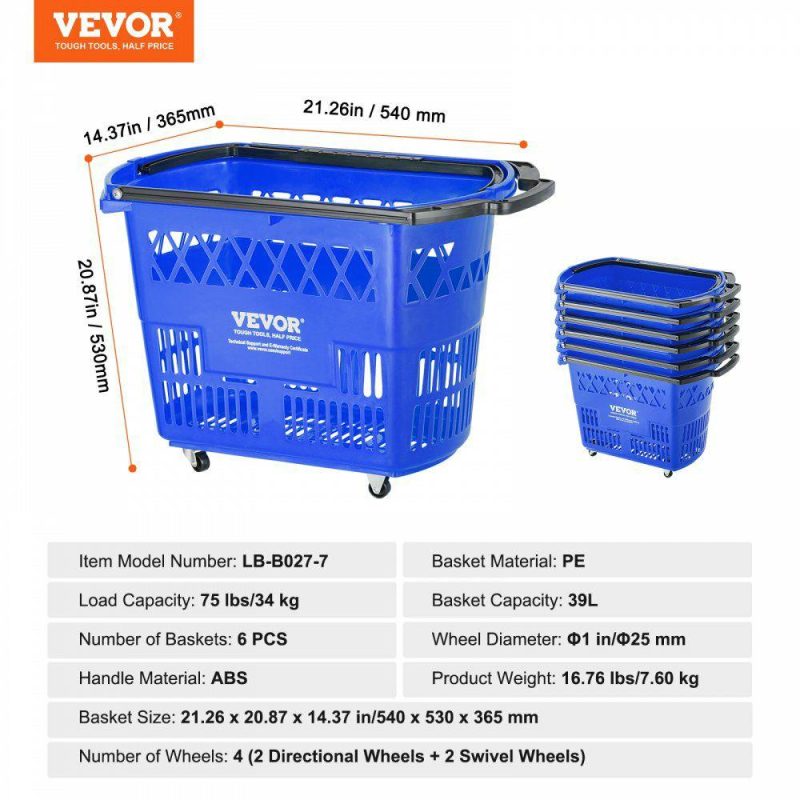 Retail Supplies |  Plastic Rolling Shopping Trolley Basket On Wheels 6PCS 39L with Handle Office Supplies Retail Supplies