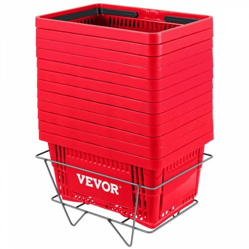 Retail Supplies |  Shopping Basket, 16.9 x 11.8 x 8.7 in/42.8 x 30 x 22 cm((L x W x H), Plastic Handle and Iron Stand, Set of 12 Store Baskets with Durable PE Material Used for Supermarket, Retail, Bookstore, Red Red Office Supplies Red