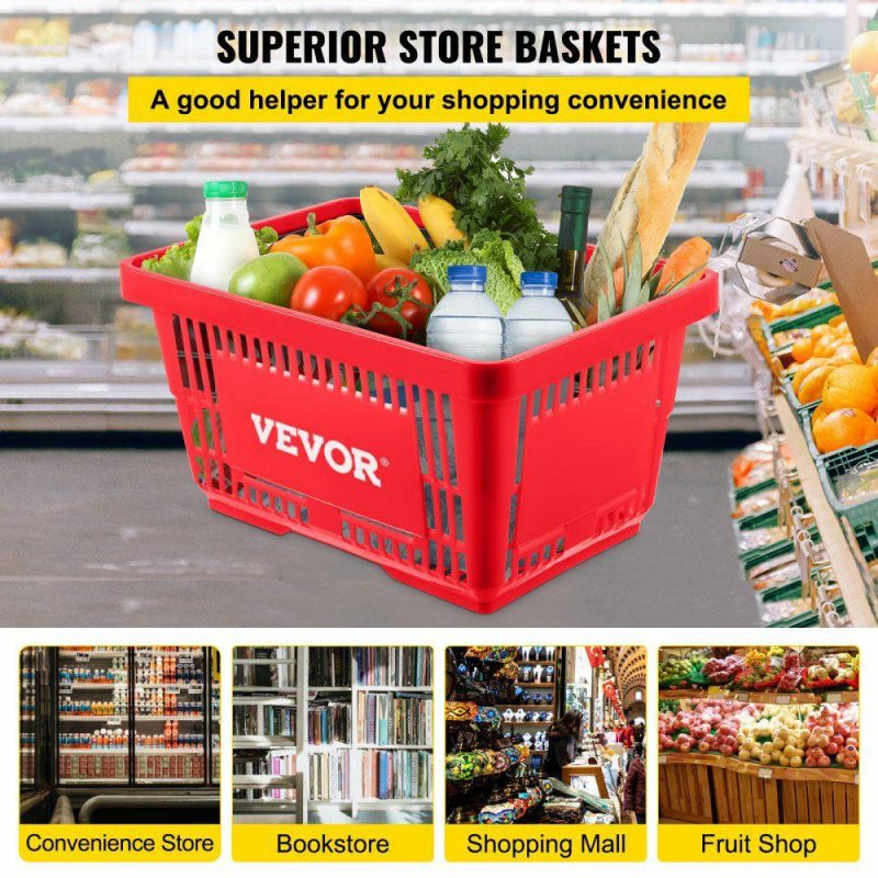 Retail Supplies |  Shopping Basket, 16.9 x 11.8 x 8.7 in/42.8 x 30 x 22 cm((L x W x H), Plastic Handle and Iron Stand, Set of 12 Store Baskets with Durable PE Material Used for Supermarket, Retail, Bookstore, Red Red Office Supplies Red