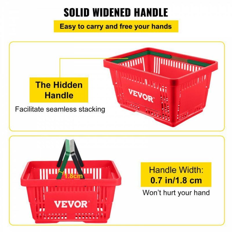 Retail Supplies |  Shopping Basket, 16.9 x 11.8 x 8.7 in/42.8 x 30 x 22 cm((L x W x H), Plastic Handle and Iron Stand, Set of 12 Store Baskets with Durable PE Material Used for Supermarket, Retail, Bookstore, Red Red Office Supplies Red