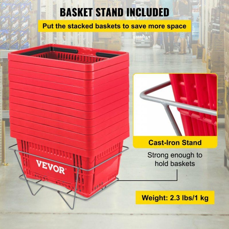 Retail Supplies |  Shopping Basket, 16.9 x 11.8 x 8.7 in/42.8 x 30 x 22 cm((L x W x H), Plastic Handle and Iron Stand, Set of 12 Store Baskets with Durable PE Material Used for Supermarket, Retail, Bookstore, Red Red Office Supplies Red