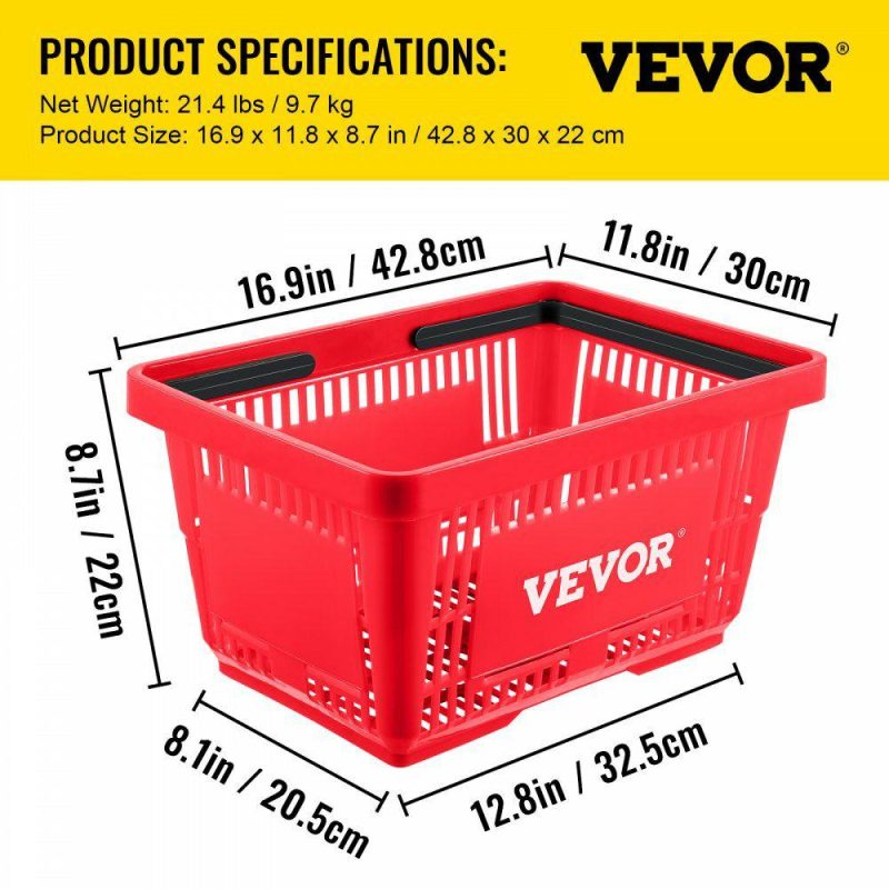 Retail Supplies |  Shopping Basket, 16.9 x 11.8 x 8.7 in/42.8 x 30 x 22 cm((L x W x H), Plastic Handle and Iron Stand, Set of 12 Store Baskets with Durable PE Material Used for Supermarket, Retail, Bookstore, Red Red Office Supplies Red