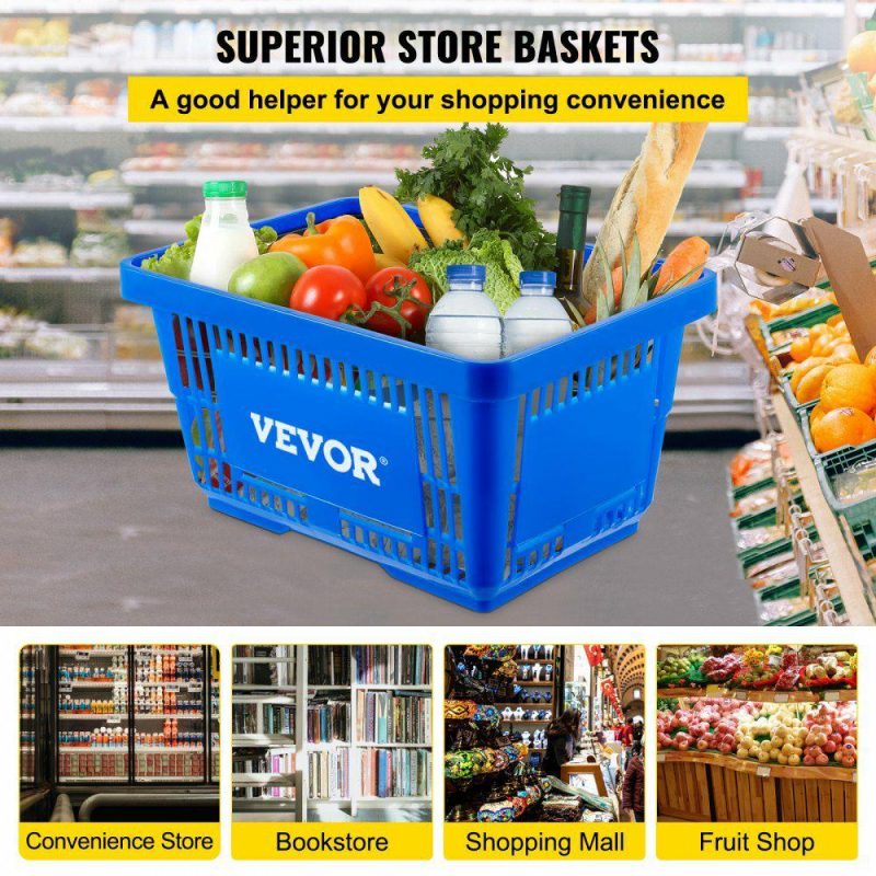 Retail Supplies |  Shopping Basket, 16.9 x 11.8 x 8.7 in/42.8 x 30 x 22 cm(L x W x H), Plastic Handle and Iron Stand, Set of 12 Store Baskets with Durable PE Material Used for Supermarket, Retail, Bookstore, Blue Blue Office Supplies Blue