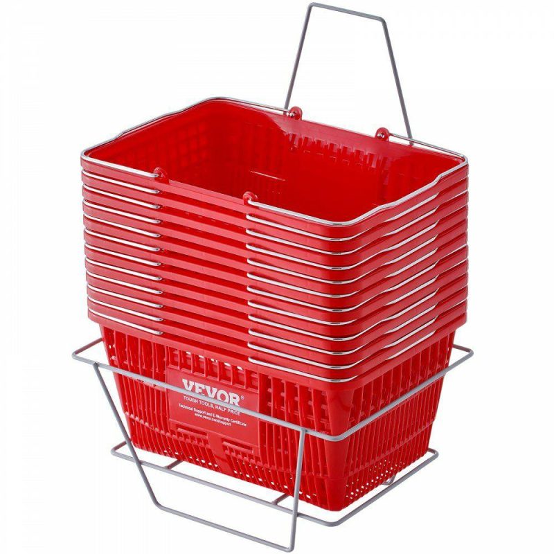 Retail Supplies |  Shopping Basket, Set of 12, 21L Durable Plastic Grocery Basket with Metal Handle and Stand, 16.73 x 12.01 x 8.58 inch Portable Shop Basket Used for Retail Store Supermarket Grocery Shopping, Red Office Supplies Retail Supplies