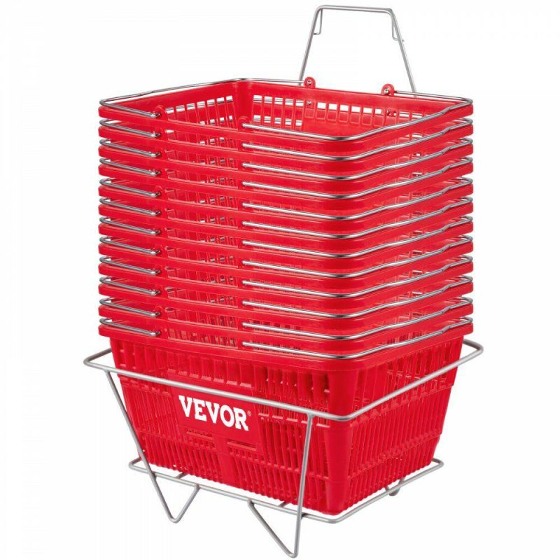 Retail Supplies |  Shopping Basket, Set of 12 Red, Durable PE Material with Handle and Stand, Basket Dimension 16.9″L x 11.8″W x 8.07″H and Used for Supermarket, Retail, Grocery-Holds 21 L/5.6 Gal of Merchandise Red Office Supplies Red