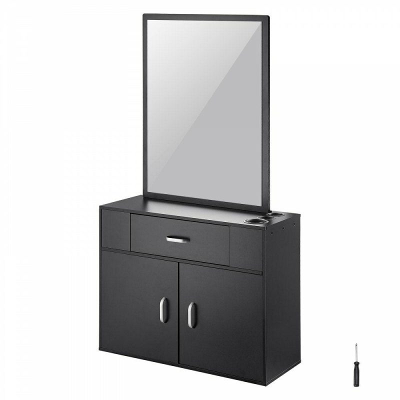 Salon & Spa Equipment |  Salon Organizer, Wall-Hanging Unit for Hairdressers, Complete with 3 Holders, Mirror, Dual-Door Storage, and Single Drawer, Black Black Office Supplies Black