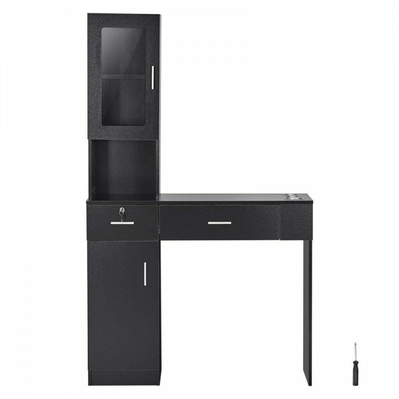 Salon & Spa Equipment |  Salon Workstation, Wall-Mounted Unit for Hair Professionals, Spa Styling Storage Solution, Includes 1 Cabinet, 3 Shelves, and 2 Drawers (One with Lock), in Sleek Black Black Office Supplies Black